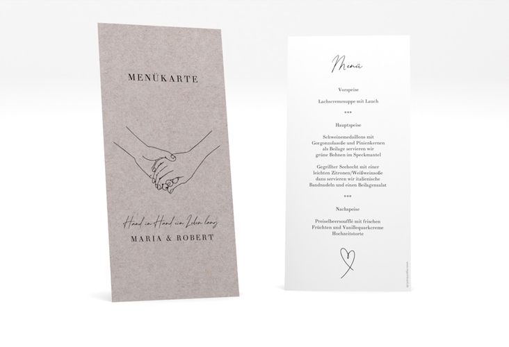 Menükarte Hochzeit Hands lange Karte hoch Kraftpapier mit sich haltenden Händen im Monoline-Stil