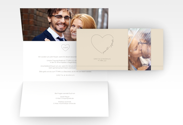 Hochzeitseinladung Lebenstraum Wickelfalzkarte + Banderole beige