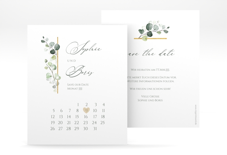 Save the Date-Kalenderblatt Adelya Kalenderblatt-Karte weiss elegant mit Eukalyptus-Motiv