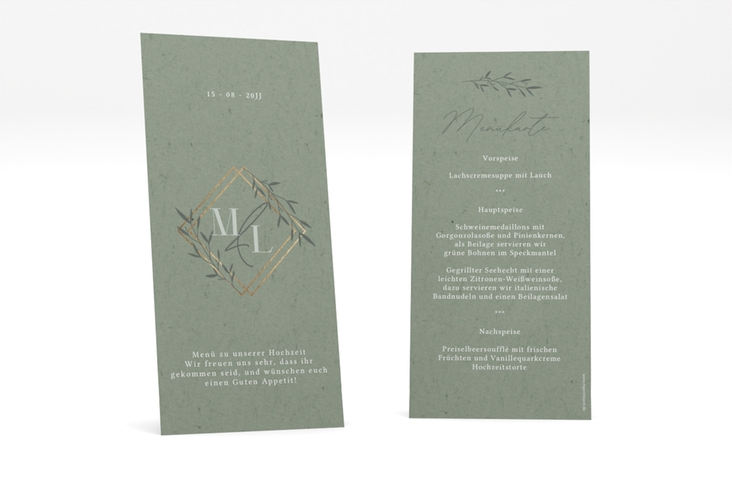 Menükarte Hochzeit Greenletter lange Karte hoch gruen mit Initialen in elegantem Goldrahmen mit Blättern