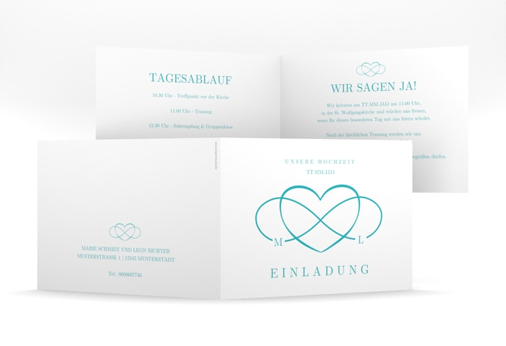 Hochzeitseinladung Infinity mittlere Klappkarte quer tuerkis hochglanz