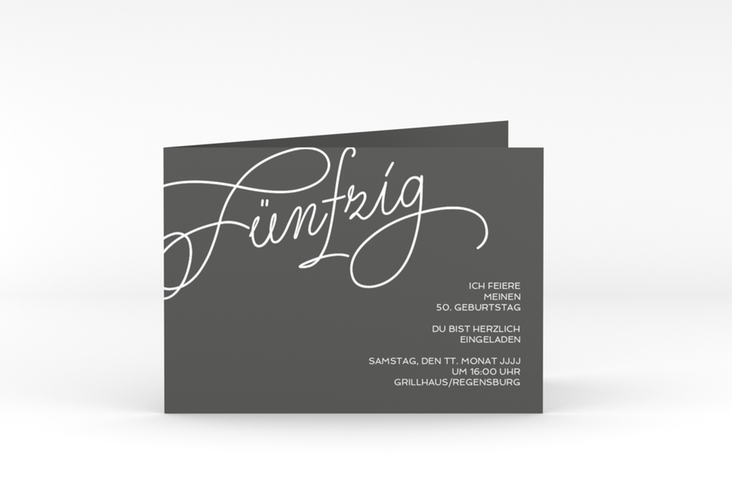Einladung 50. Geburtstag Schwungvoll A6 Klappkarte quer grau