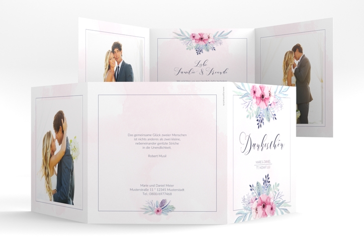 Dankeskarte Hochzeit Surfinia quadr. Doppel-Klappkarte rosa hochglanz