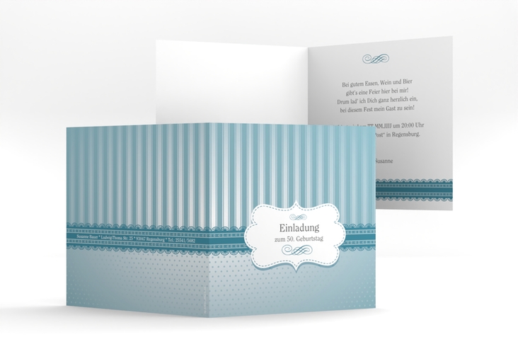 Einladung 50. Geburtstag Heinrich/Henriette quadr. Klappkarte blau mit frechen Polka Dots