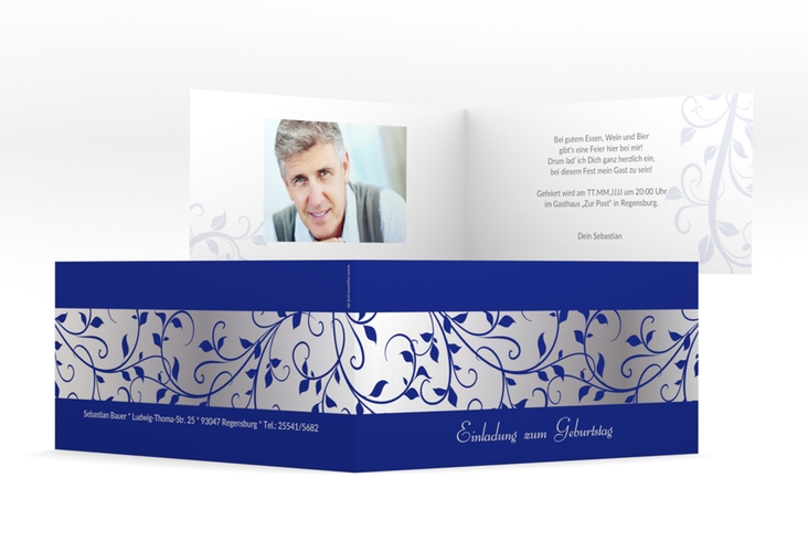 Einladung Geburtstag Hermann/Hermine lange Klappkarte quer blau