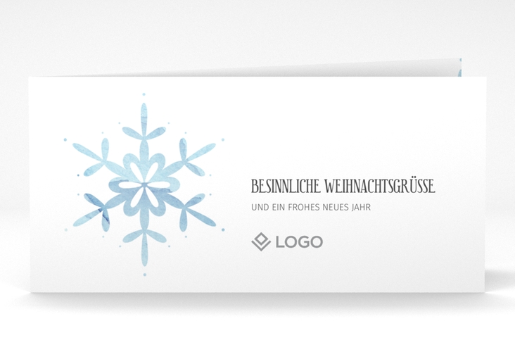 Geschäftliche Weihnachtskarte Winterhauch lange Klappkarte quer mit Schneeflocken-Design und Logo für Firmen