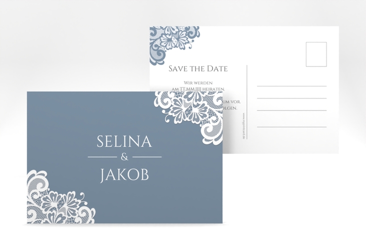Save the Date-Postkarte Vintage A6 Postkarte blau mit floraler Spitze
