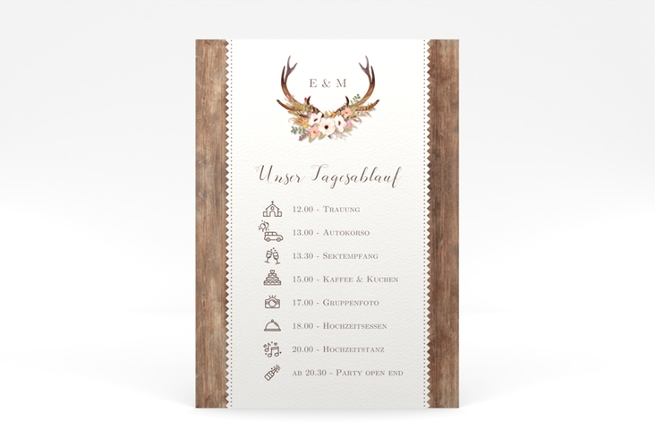 Tagesablauf Poster Hochzeit Heimatjuwel 50 x 70 cm Poster braun mit Hirschgeweih und Holz-Hintergrund