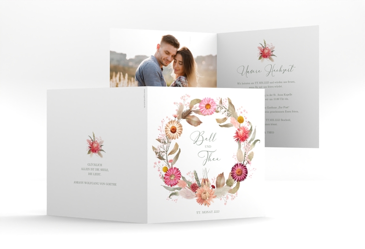 Hochzeitseinladung Trockenblumen quadr. Klappkarte weiss