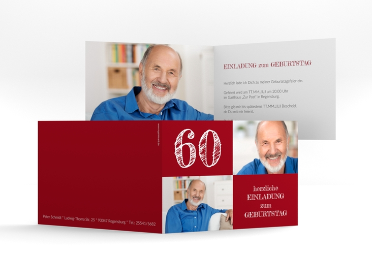 Einladung 60. Geburtstag Lebensfreude A6 Klappkarte quer rot hochglanz