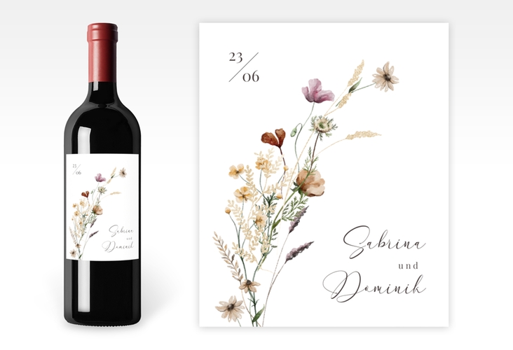Weinflaschenetikett Hochzeit Sauvages Etikett Weinflasche 4er Set weiss mit getrockneten Wiesenblumen
