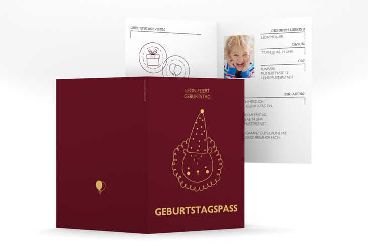 Einladungskarte Kindergeburtstag Geburtstagspass A6 Klappkarte hoch rot