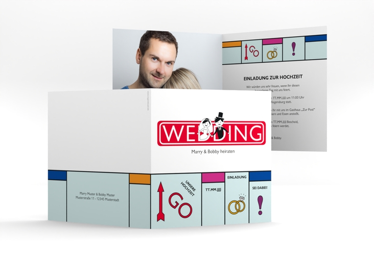 Hochzeitseinladung Brettspiel quadr. Klappkarte bunt hochglanz