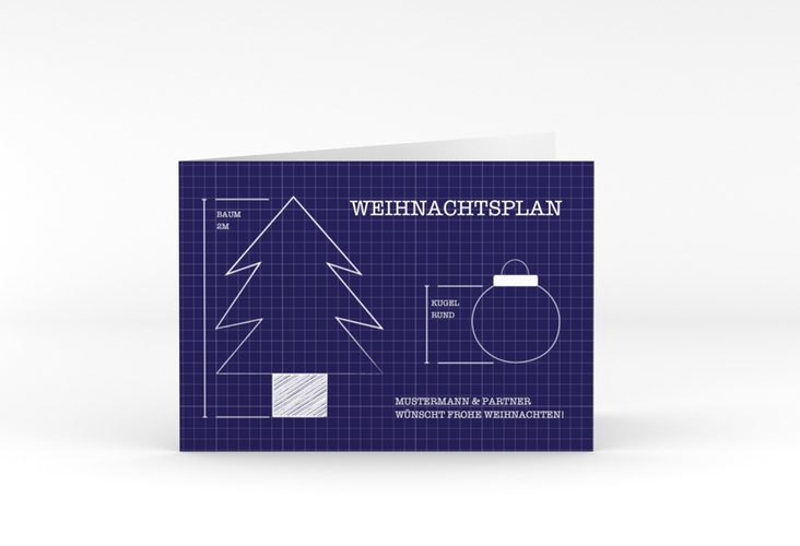 Geschäftliche Weihnachtskarte Blaupause A6 Klappkarte quer mit technischer Zeichnung von Weihnachtsbaum und Baumkugel