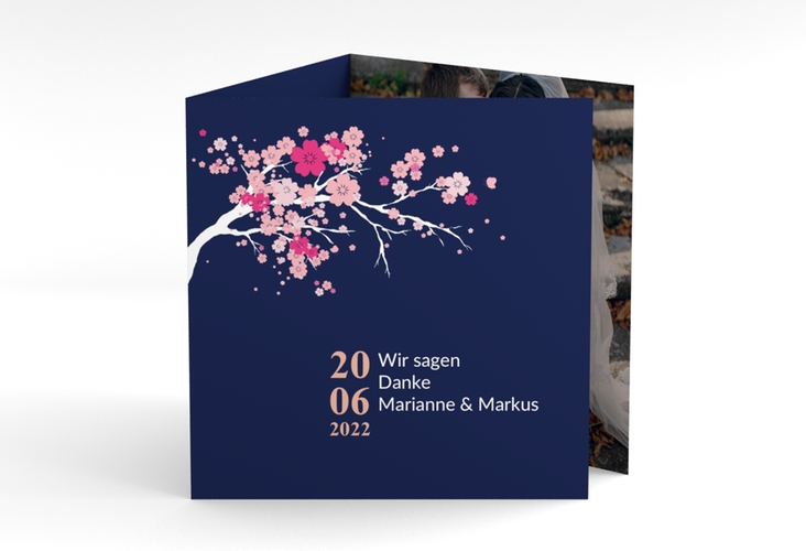 Dankeskarte Hochzeit Sakura quadr. Doppel-Klappkarte blau