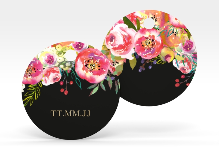 Geschenkanhänger Hochzeit Flowerbomb Geschenkanhänger, rund schwarz