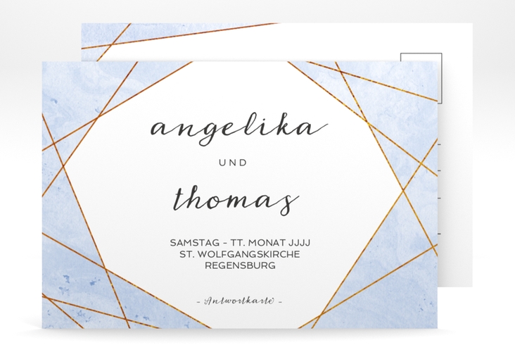 Antwortkarte Hochzeit Asymmetry A6 Postkarte blau hochglanz