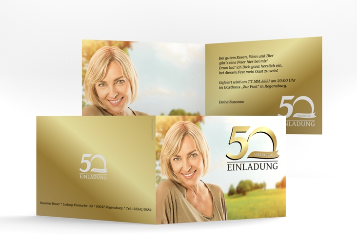 Einladung 50. Geburtstag Golden A6 Klappkarte quer