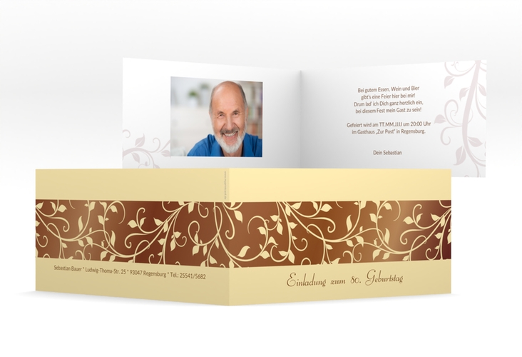 Einladung 80. Geburtstag Hermann/Hermine lange Klappkarte quer braun