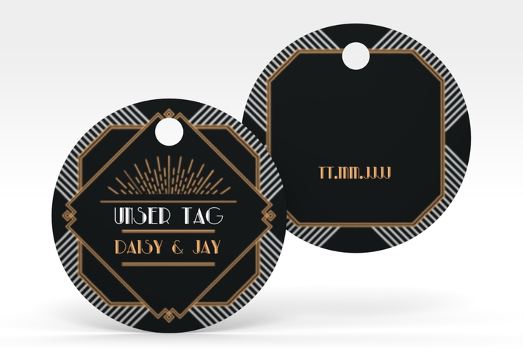 Geschenkanhänger Hochzeit Gatsby Geschenkanhänger, rund schwarz im 20er-Jahre-Stil