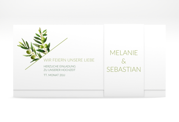 Hochzeitseinladung Olivenzweig Wickelfalzkarte + Banderole weiss
