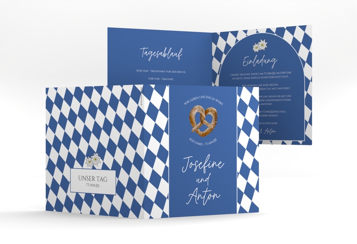 Hochzeitseinladung Bayrisch quadr. Klappkarte blau
