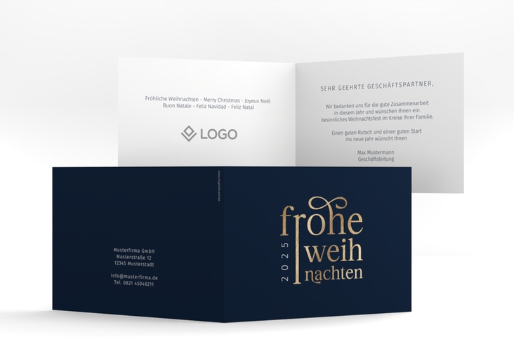 Geschäftliche Weihnachtskarte Präsent A6 Klappkarte quer blau hochglanz