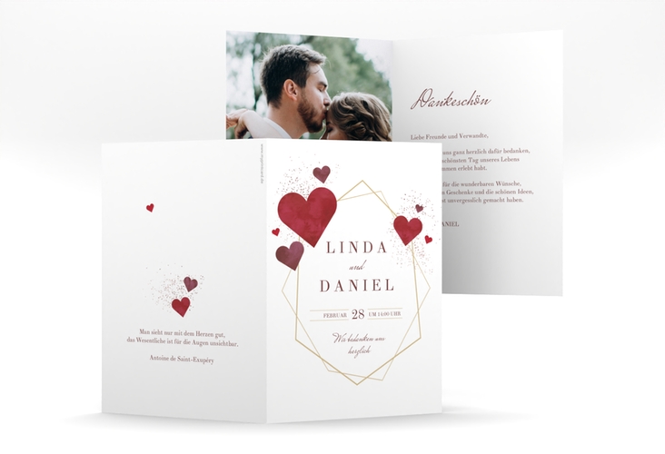 Danksagungskarte Hochzeit Herzlich A6 Klappkarte hoch mit Goldrahmen und roten Herzen