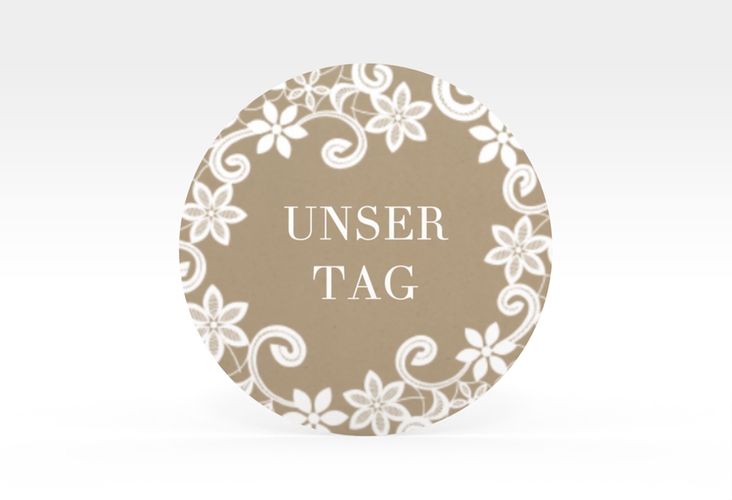 Aufkleber Hochzeit Bella Aufkleber, selbstklebend, rund mit weißer Brautspitze um Initialen