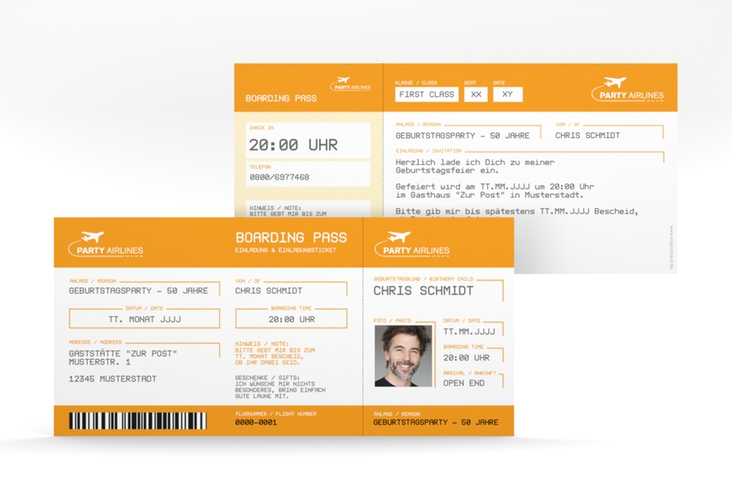Einladung 50. Geburtstag Boardingpass lange Karte quer orange hochglanz