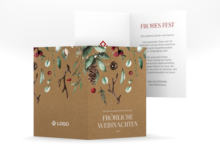 Geschäftliche Weihnachtskarte Weihnachtsgrüße A6 Klappkarte hoch Kraftpapier hochglanz mit modernem Pflanzen-Dekor
