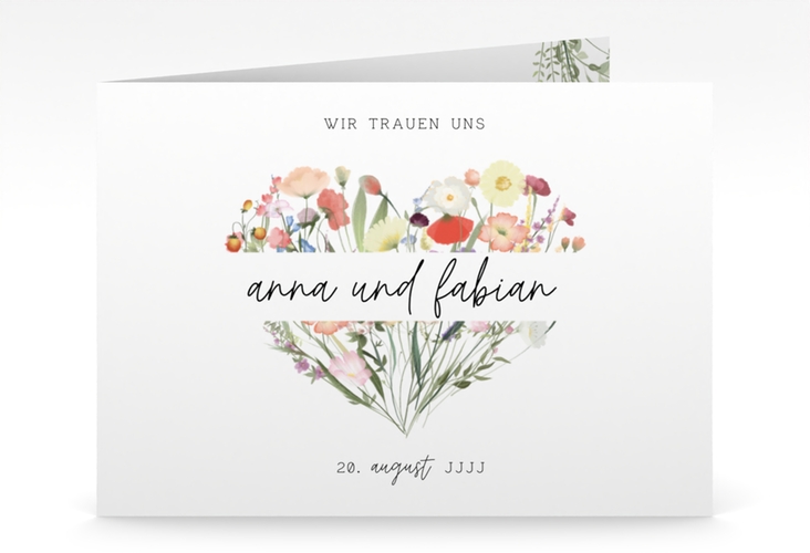 Hochzeitseinladung Wildblumenherz mittlere Klappkarte quer