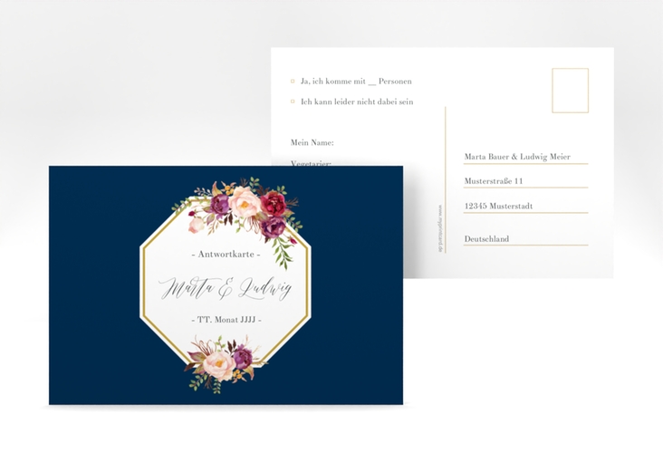 Antwortkarte Hochzeit Prachtvoll A6 Postkarte blau