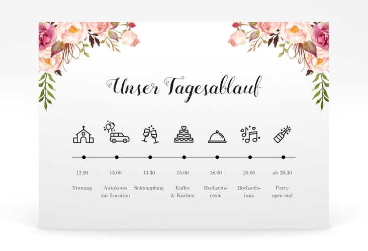Tagesablauf Poster Hochzeit Flowers 70 x 50 cm Poster weiss mit bunten Aquarell-Blumen
