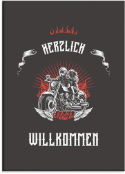 Klick: Details zu Willkommensschild Leinwand "Biker" anzeigen Willkommensschild Leinwand Biker 50 x 70 cm Leinwand schwarz mit Rocker-Paar auf Motorrad