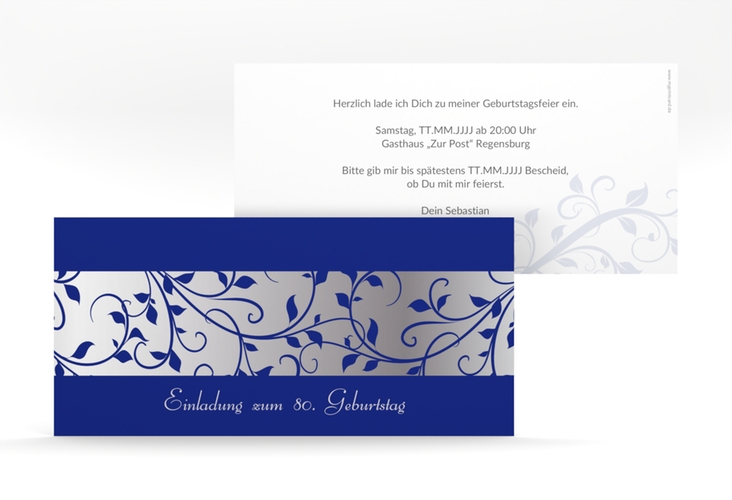 Einladung 80. Geburtstag Hermann/Hermine lange Karte quer blau