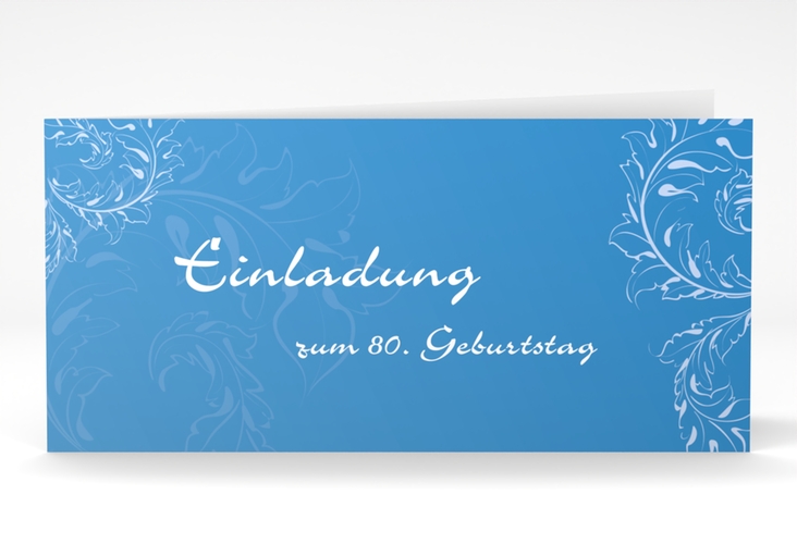 Einladung 80. Geburtstag Peter/Petra lange Klappkarte quer blau