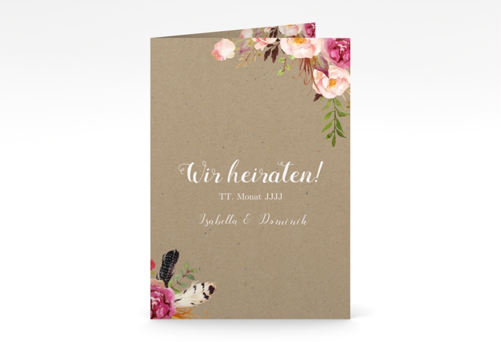 Einladungskarte Hochzeit Flowers A6 Klappkarte hoch Kraftpapier hochglanz mit bunten Aquarell-Blumen