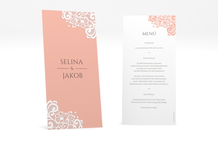 Menükarte Hochzeit Vintage lange Karte hoch apricot mit floraler Spitze