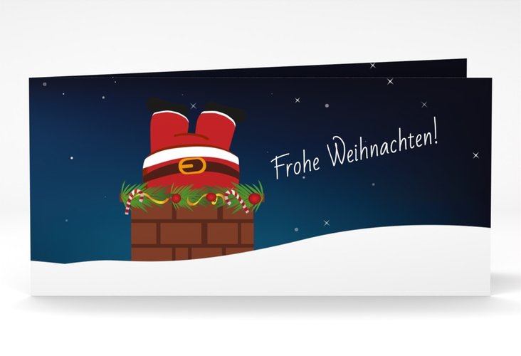 Geschäftliche Weihnachtskarte Schornstein lange Klappkarte quer lustig mit Weihnachtsmann im Kamin