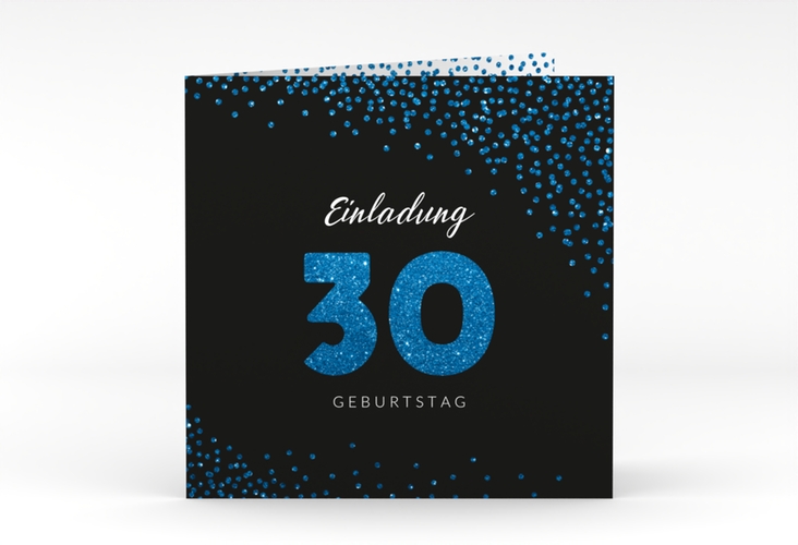 Einladung 30. Geburtstag Glitzer quadr. Klappkarte blau
