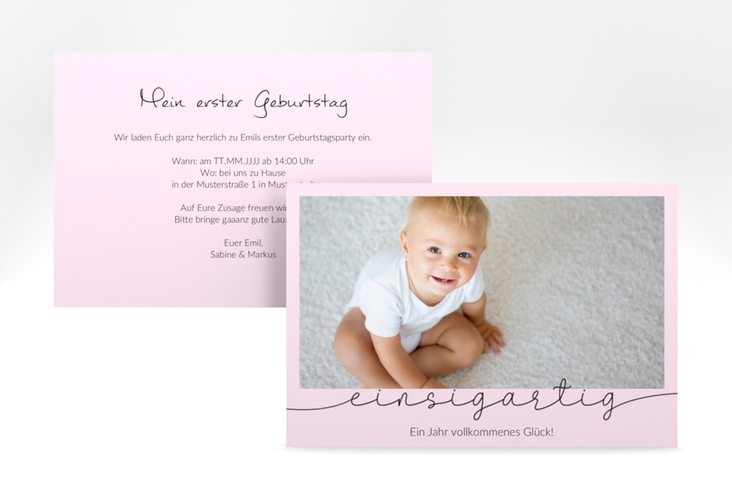 Einladungskarte Kindergeburtstag Einsigartig A6 Karte quer rosa zum ersten Geburtstag mit Kinderfoto