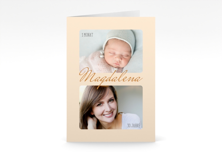 Einladung 30. Geburtstag Zeitlos A6 Klappkarte hoch beige mit Damals- und Heute-Fotos