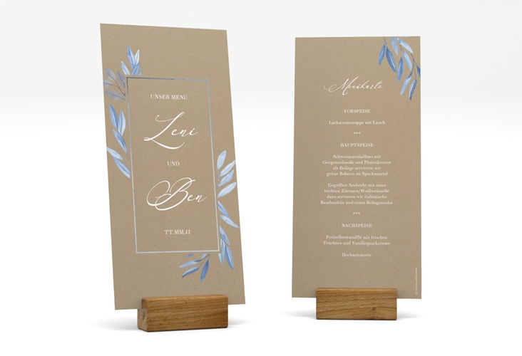 Menükarte Hochzeit Classicblue lange Karte hoch Kraftpapier hochglanz