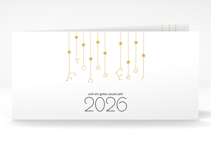 Geschäftliche Weihnachtskarte Windspiel lange Klappkarte quer weiss hochglanz schlicht mit Sternchen-Girlande und Jahreszahl