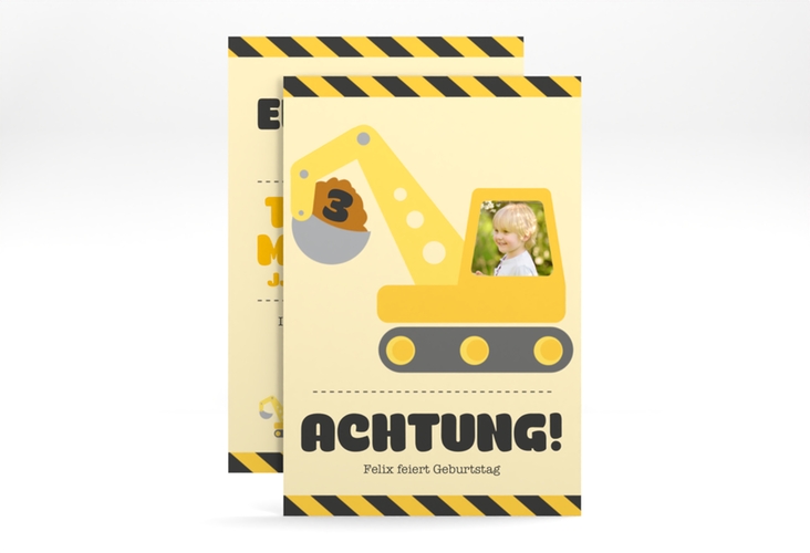 Einladungskarte Kindergeburtstag Bagger A6 Karte hoch gelb mit Meerjungfrau und Fischen