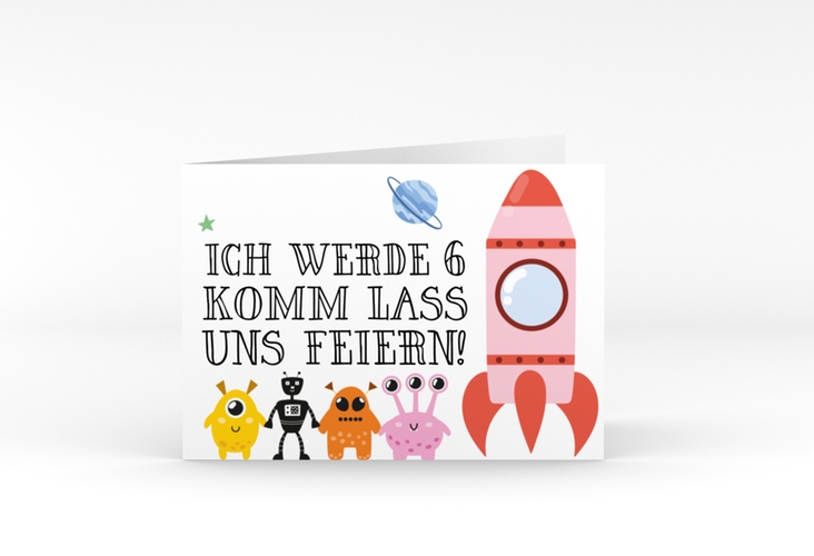 Einladungskarte Kindergeburtstag Zahlien A6 Klappkarte quer hochglanz mit außerirdischen Monstern und Rakete