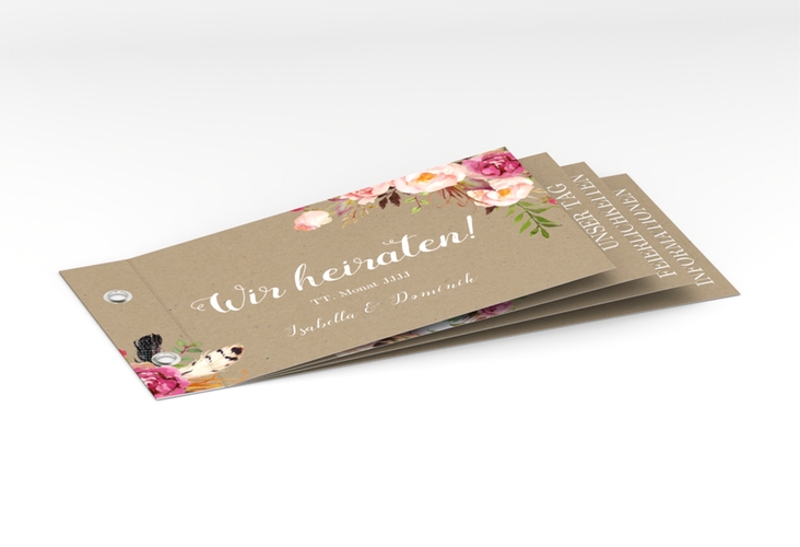 Hochzeitseinladung Flowers Booklet Kraftpapier hochglanz mit bunten Aquarell-Blumen