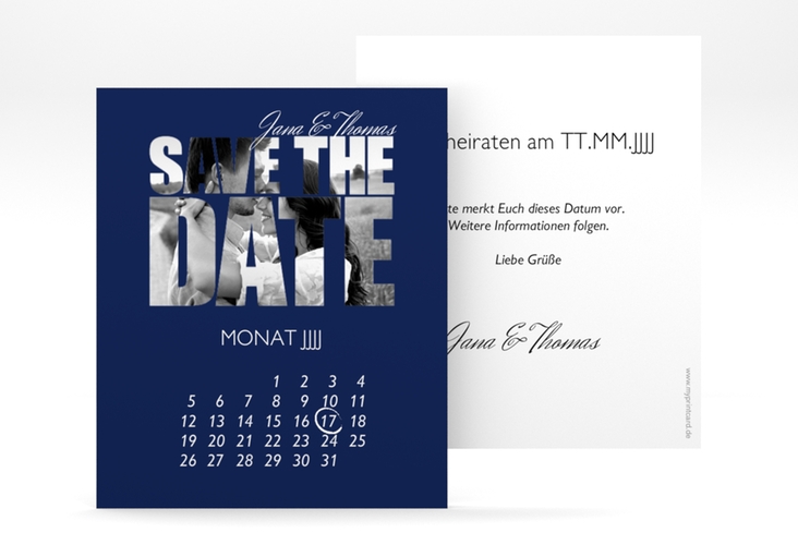 Save the Date-Kalenderblatt Letters Kalenderblatt-Karte blau