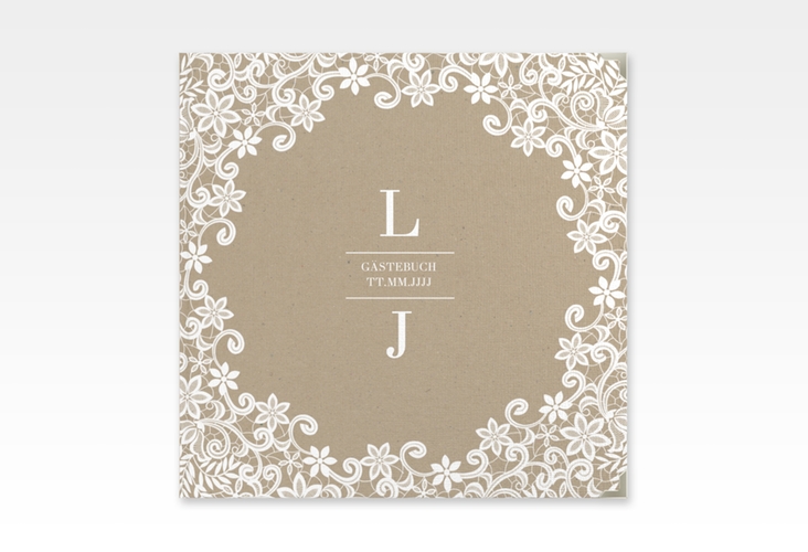 Gästebuch Selection Hochzeit Bella Leinen-Hardcover Kraftpapier mit weißer Brautspitze um Initialen